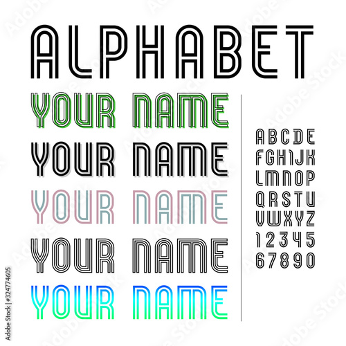 Trendy striped fonts, modern alphabet sans serif, letters from A to Z and numbers from 0 to 9, six font styles for you designs: logo, t-shirt, card, poster, banner, and more, vector illustration 10EPS