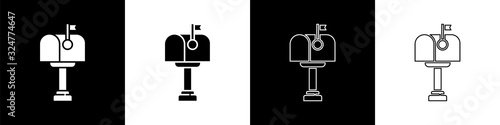 Set Mail box icon isolated on black and white background. Mailbox icon. Mail postbox on pole with flag. Vector Illustration