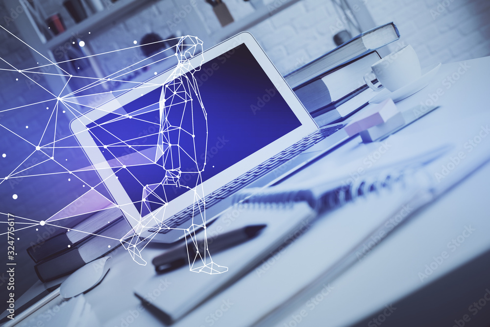 Fototapeta premium Desktop computer background in office and start up theme hologram drawing. Double exposure. Startup concept.