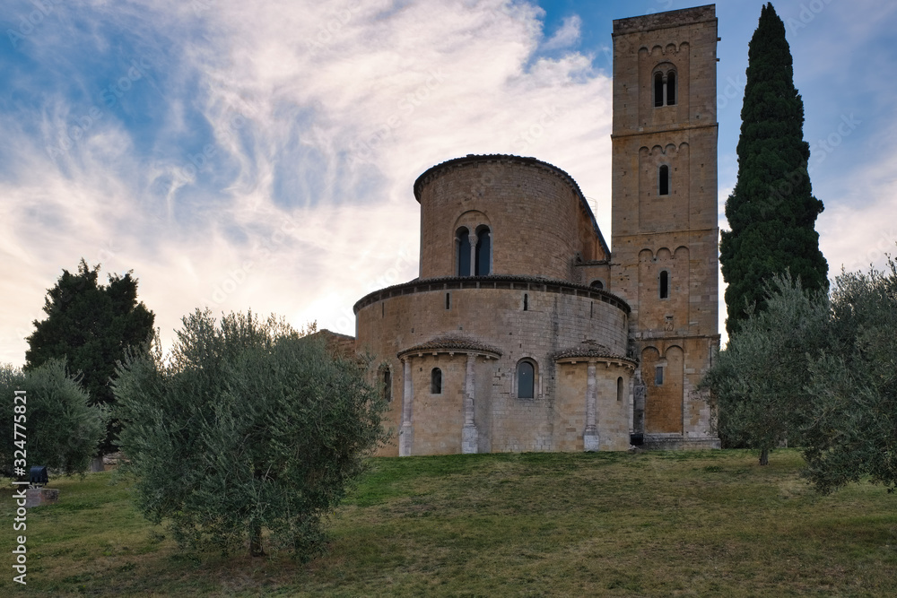 Sant'Antimo is an ancient abbey that has been inhabited by Benedictine monks for centuries Tuscany Italy Sant'Antimo is an ancient abbey that has been inhabited by Benedictine monks for centuries Tuscany Italy