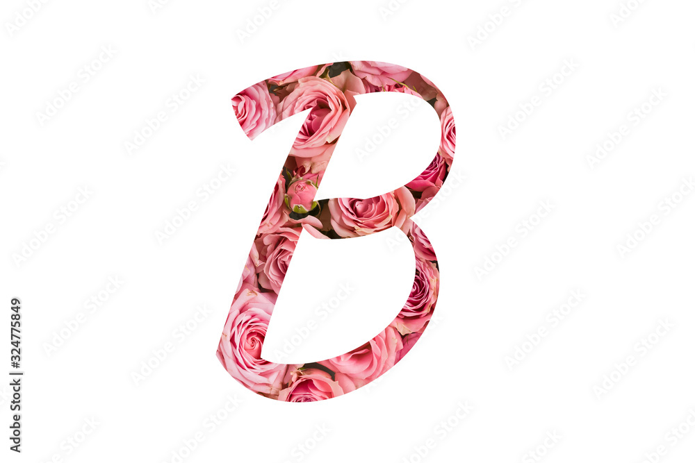 The letter B of the English alphabet is cut out of pink roses on a white isolated background.Floral pattern, texture.Bright alphabet for stores, sales, websites, postcards and holiday greetings The letter B of the English alphabet is cut out of pink roses on a white isolated background.Floral pattern, texture.Bright alphabet for stores, sales, websites, postcards and holiday greetings