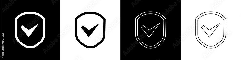 Set Shield with check mark icon isolated on black and white background ...