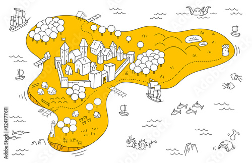 Medieval city adventure island map. City fortress. Fantasy area. Sea monsters. Cartoon vector yellow white colour and black line.