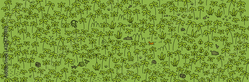 Palm trees forest pattern background. Find treasures in the forest. Hand drawn vector. All over print. Banner. Green colour.