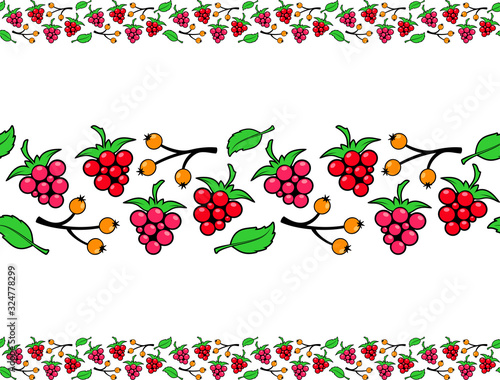 Seamless border of abstract berries, twigs and leaves. Red, pink raspberries. Graphic vector image. Design element for decoration. Can be used for printing on packaging, paper, fabric, textile, menu