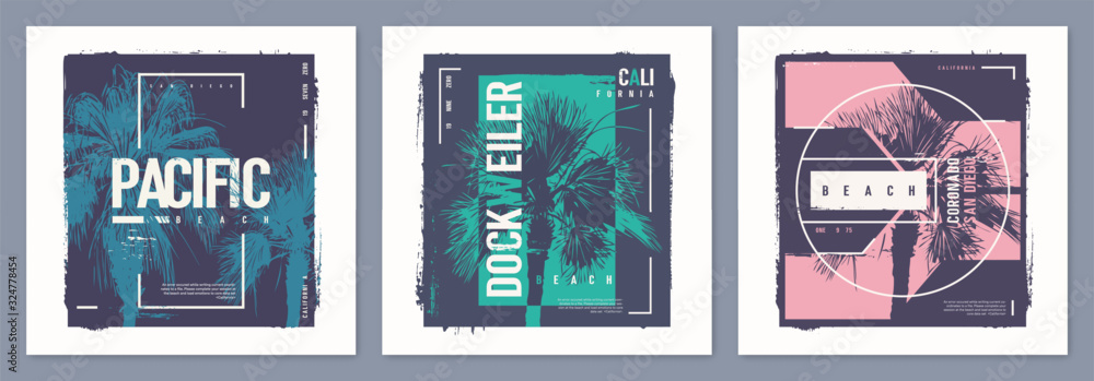 Obraz premium Collection of three vector graphic t-shirt designs, posters, prints on the theme of California