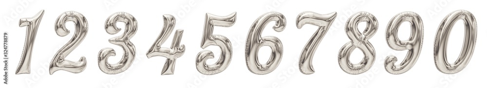 Silver Number Balloons from 0 to 9. Helium ballons made of foil or latex. Realistic birthday party baloons. Isolated on white Silver Number Balloons from 0 to 9. Helium ballons made of foil or latex. Realistic birthday party baloons. Isolated on white