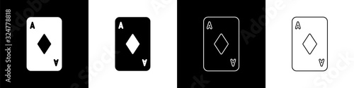 Set Playing card with diamonds symbol icon isolated on black and white background. Casino gambling. Vector Illustration