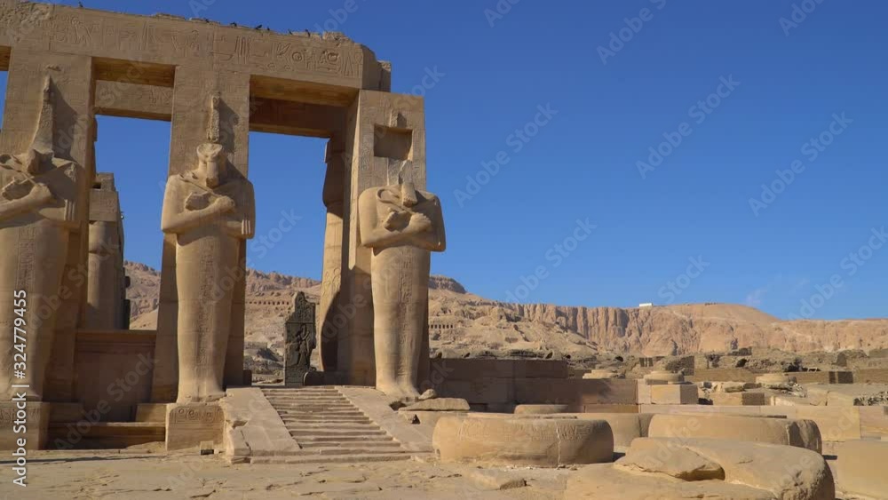 The Ramesseum is the memorial temple or mortuary temple of Pharaoh Ramesses II. It is located in the Theban necropolis in Upper Egypt, across the River Nile from the modern city of Luxor. Egypt. The Ramesseum is the memorial temple or mortuary temple of Pharaoh Ramesses II. It is located in the Theban necropolis in Upper Egypt, across the River Nile from the modern city of Luxor. Egypt.
