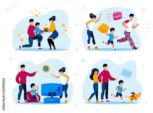 Child Birthday Party, Kids Discipline and Education Trendy Flat Vector Concepts Set. Parents with Children Celebrating Holiday, Fooling Around, Playing Video Games, Walking with Pet Illustration