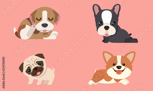 Fototapeta Naklejka Na Ścianę i Meble -  Cute funny cartoon dogs  puppy pet characters different breeds  