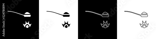 Set Heroin in a spoon icon isolated on black and white background. Concept of drug addiction and dependence from the narcotic. Junkie lifestyle. Vector Illustration