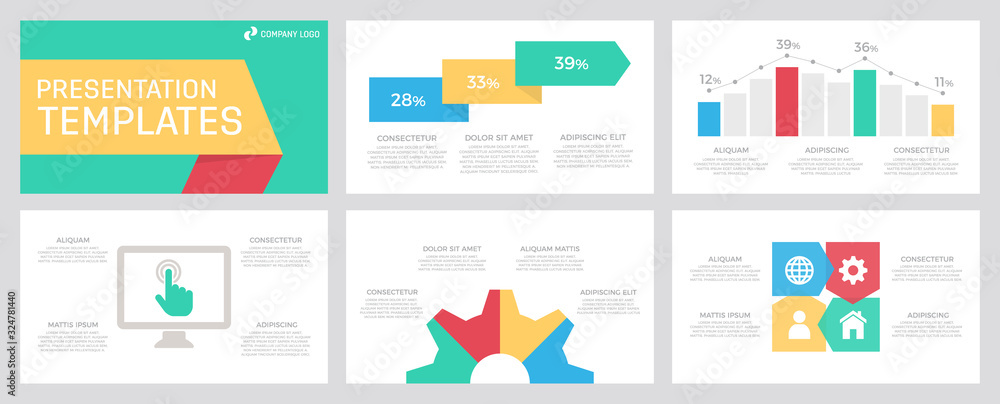 Set of blue, red, turquoise and yellow elements for multipurpose presentation template slides with graphs and charts. Set of blue, red, turquoise and yellow elements for multipurpose presentation template slides with graphs and charts.