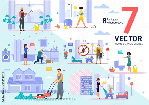 Cleaning Company, Plumber and Disinfection Service Employees Work Scenes Trendy Flat Vectors Set. Worker in Overall Washing Windows, Moving Lawn, Killing Pests, Maid Clean-Up in Room Illustrations