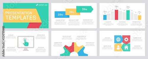 Set of blue, red, turquoise and yellow elements for multipurpose presentation template slides with graphs and charts.