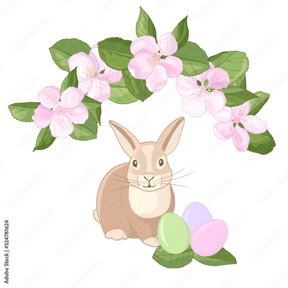 Rabbit with Easter eggs and apple blossom Rabbit with Easter eggs and apple blossom