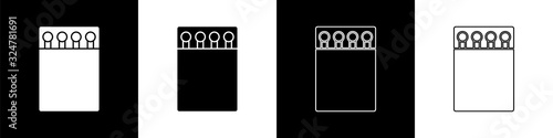 Set Open matchbox and matches icon isolated on black and white background. Vector Illustration