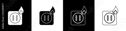 Set Electric wiring of socket in fire icon isolated on black and white background. Electrical safety concept. Plug outlet on fire. Vector Illustration