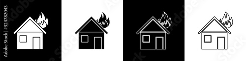 Set Fire in burning house icon isolated on black and white background. Vector Illustration