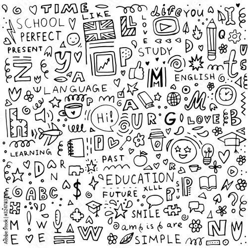 Black and white doodle background about learning English for a language school