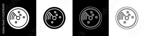 Set Radar with targets on monitor in searching icon isolated on black and white background. Search system. Navy sonar. Vector Illustration