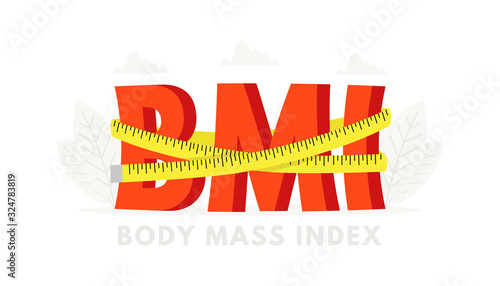 Big word BMI with measuring tape for healthy poster. Body mass index banner for design concept.
