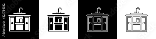 Set Washbasin cabinet with water tap icon isolated on black and white background. Vector Illustration