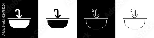 Set Washbasin with water tap icon isolated on black and white background. Vector Illustration