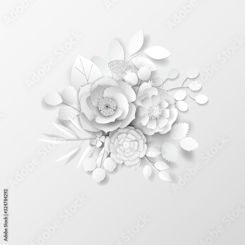 Paper art flowers on white. 