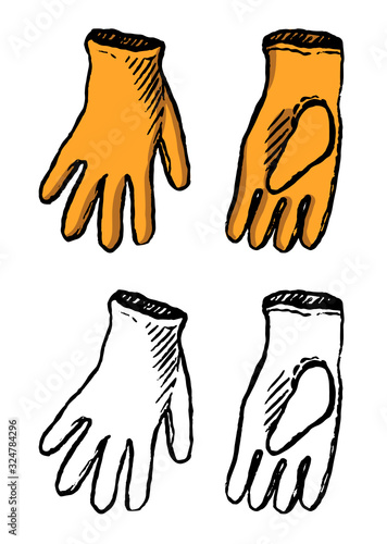 Hand drawn vector illustration. Set of contour and color drawings isolated on white. Cute garden gloves. Doodles elements for design, cards, prints, poster. Vintage, engraving, sketch, realistic style