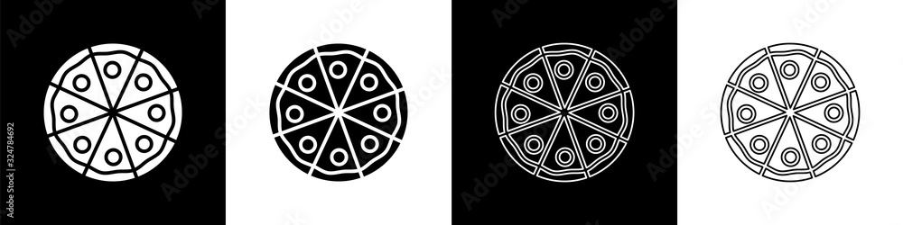 Fototapeta Set Pizza icon isolated on black and white background. Fast food menu. Vector Illustration
