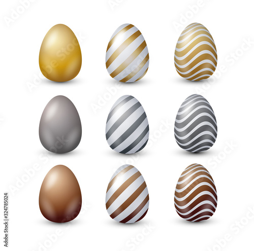 Metallic easter 3d decorated eggs vector set