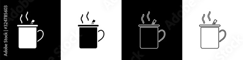 Set Mulled wine with glass of drink and ingredients icon isolated on black and white background. Cinnamon stick, clove, lemon slice. Vector Illustration