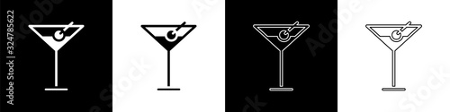 Set Martini glass icon isolated on black and white background. Cocktail icon. Wine glass icon. Vector Illustration