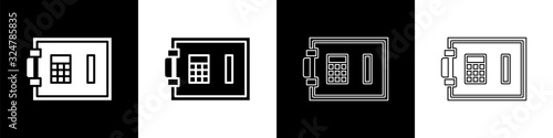 Set Safe icon isolated on black and white background. The door safe a bank vault with a combination lock. Reliable Data Protection. Vector Illustration