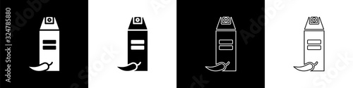 Set Pepper spray icon isolated on black and white background. OC gas. Capsicum self defense aerosol. Vector Illustration