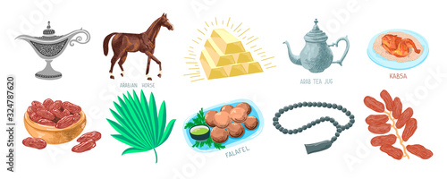 set of 10 sketch drawing arabic symbols from United Arab Emirates, Middle East