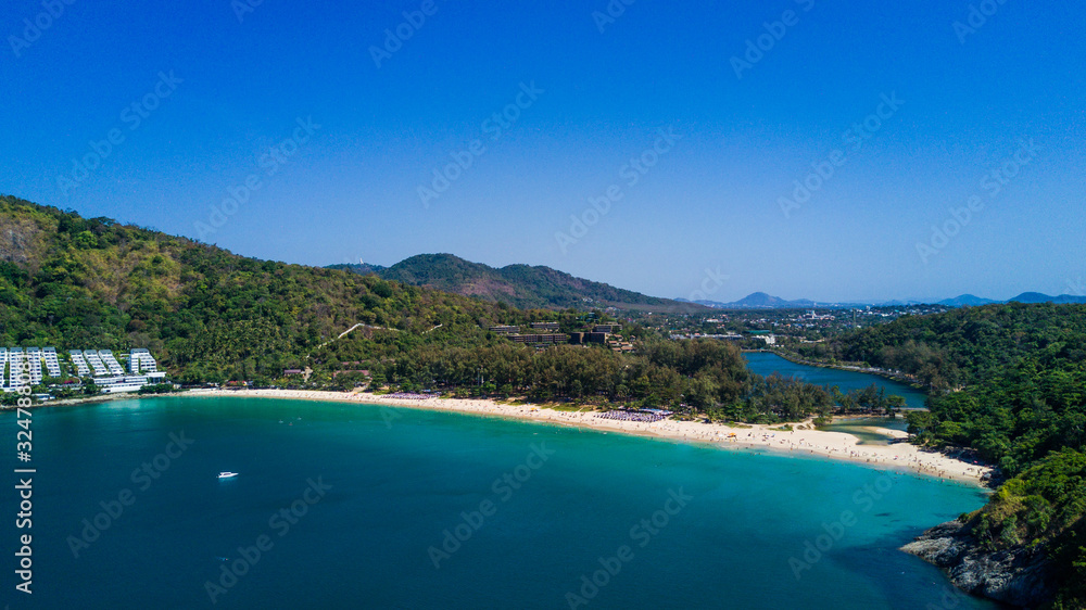 Aerial scenic view over beautiful Andaman sea and three bays at Karon Viewpoint, Phuket, Thailand