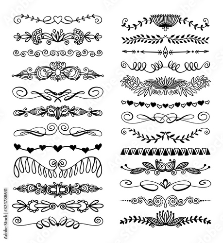 set of 25 doodle sketch drawing divider, wedding card design element or page decoration