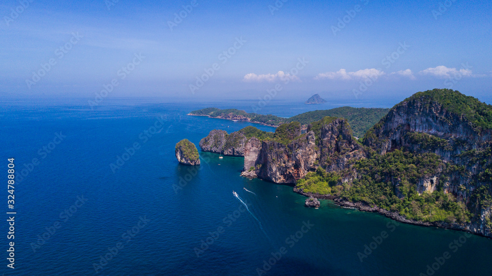 Aerial panorama top View Tropical Island , Aerial view of Phi-Phi Islands, Krabi, Thailand.