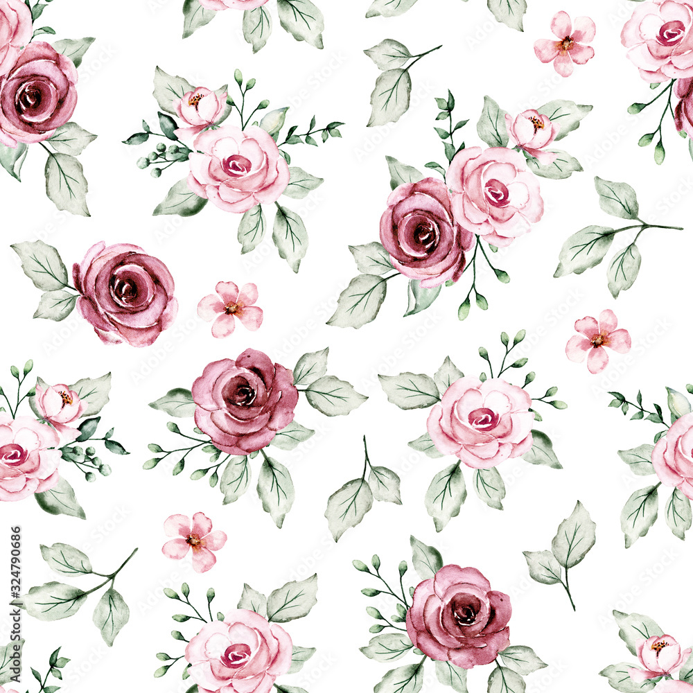 Seamless floral texture, pattern with watercolor flowers roses. Repeating background, fabric, wallpaper, print. Perfectly for wrapping paper, backdrop or border. 