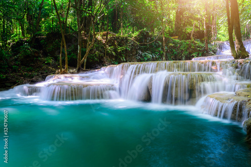 Waterfall in Tropical forest at Erawan waterfall National Park  Thailand
