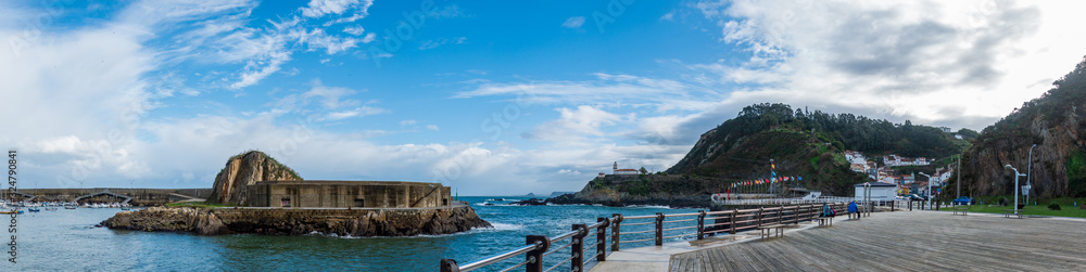 Cudillero fishing village marina and promenade, panorama