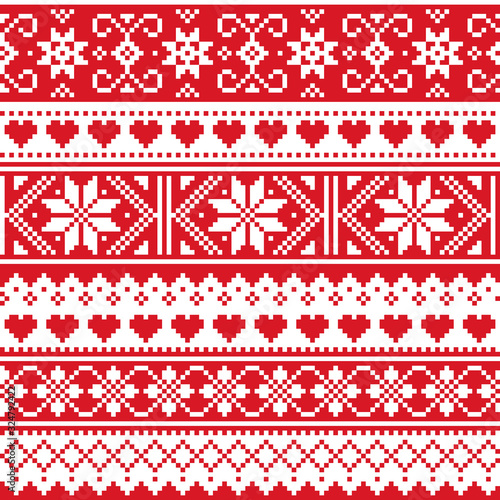Scottish Fair Isle style traditional knitwear vector seamless pattern, retro Shtelands knit repetitive design with snowflakes and hearts
