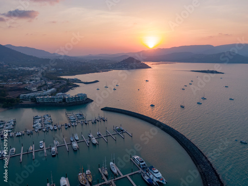 Canvas Print Sunset Panoramic marina town aerial