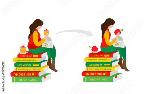 Woman reads books for weight loss. Before and after diet and fitness. Girl sitting on the diet.