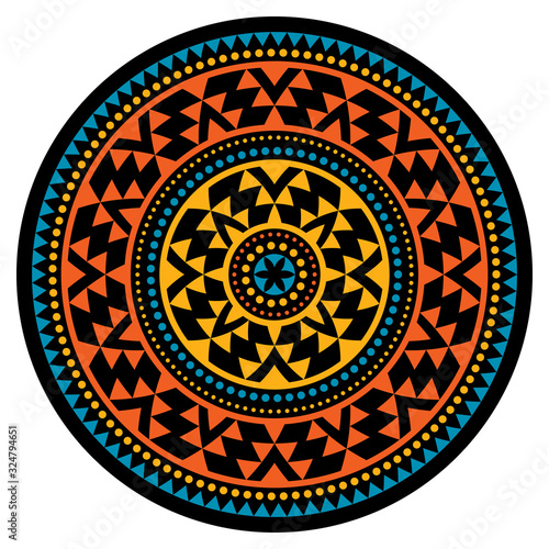 Tribal Aztec mandala vector pattern, bohemian geometric round design in black, blue, red and yellow, zen decoration