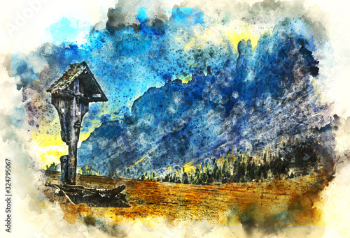 Landscape in a mountain range and forests in the Dolomite Alps, Italy. Watercolor style illustration.