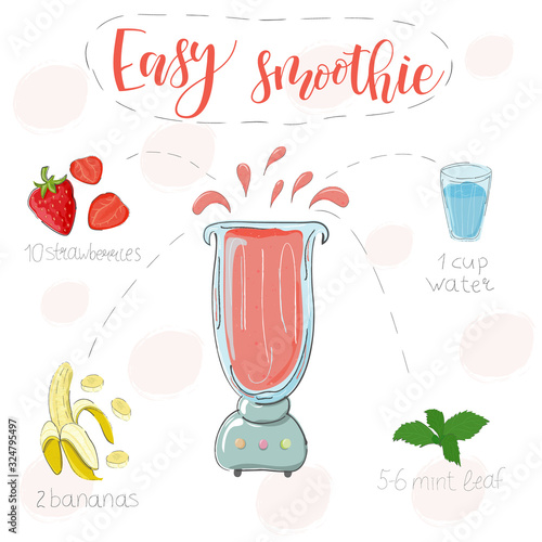 Easy smoothie recipe. With illustration of ingredients. Hand drawstrawberries, banana, mint. Doodle style