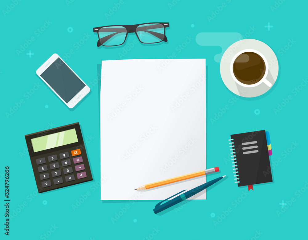 Working desk table flat lay top view with education or study objects